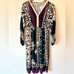 ACANDRIA Long Sleeve Festive Patterned Midi Dress